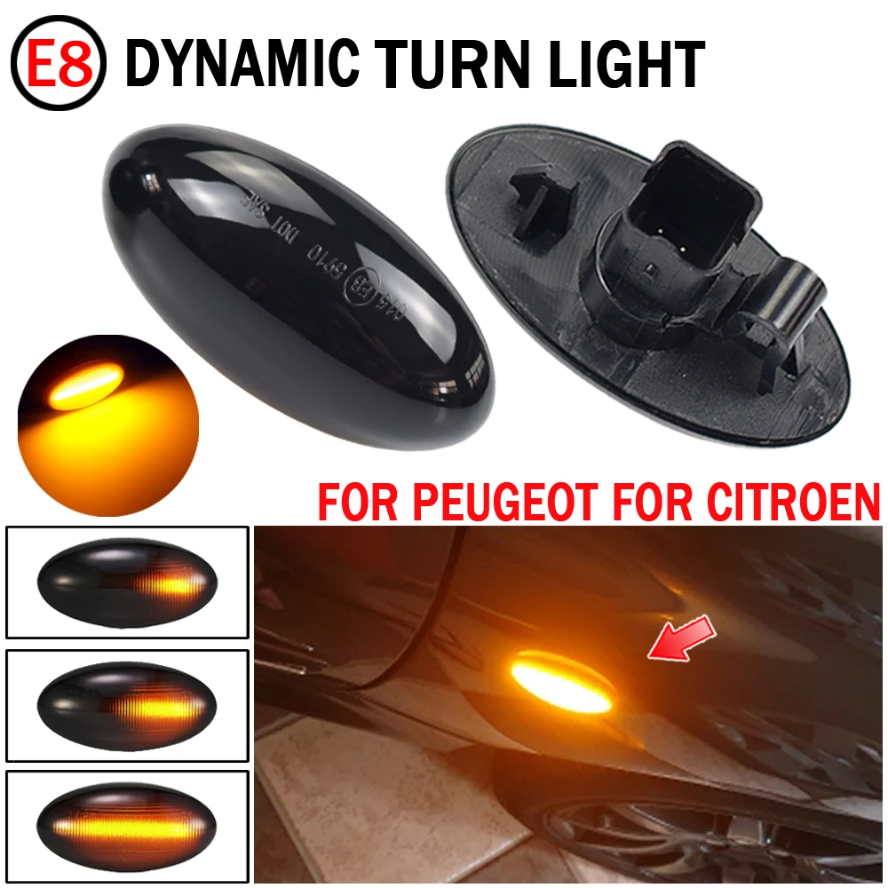 2pcs Dynamic Amber LED Flashing Turn Signal Light Side Marker Lamp For Peugeot 307 206 407 107 607 1007 4007 Citroen C1 C2 C3 C5