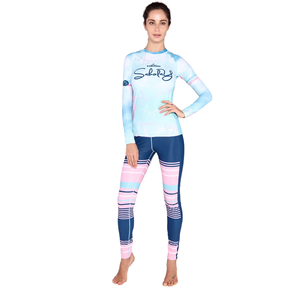 SABOLAY Women Lycra Tight Long Sleeve Surf Diving Suit Rashguards Swimsuit Rash Guard Sunscreen Swimming Shirt Trousers smile