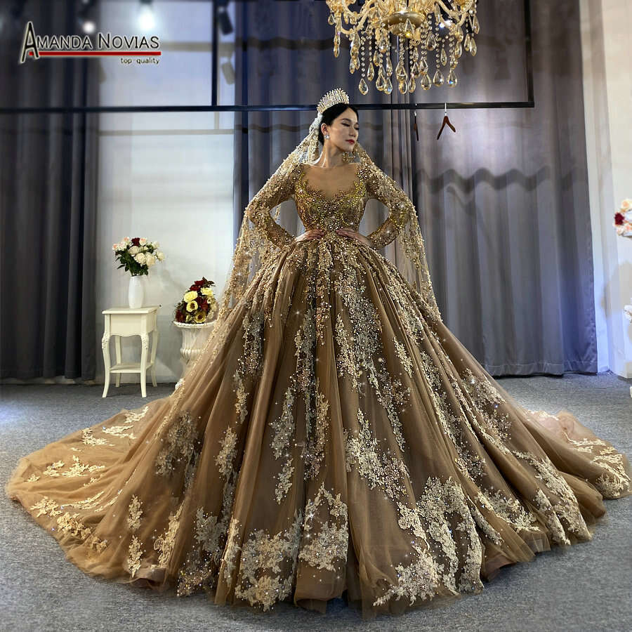 Customized Champagne Color Wedding Dress Full Beading With Lace Veil