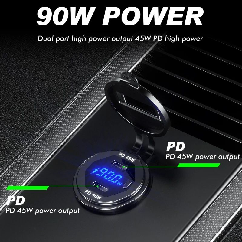 Dual 45W Metal USB C Type C PD Fast Car Charger with Voltage/Power Display for SUV Motorcycle Truck Boat Bus RV ATV smile