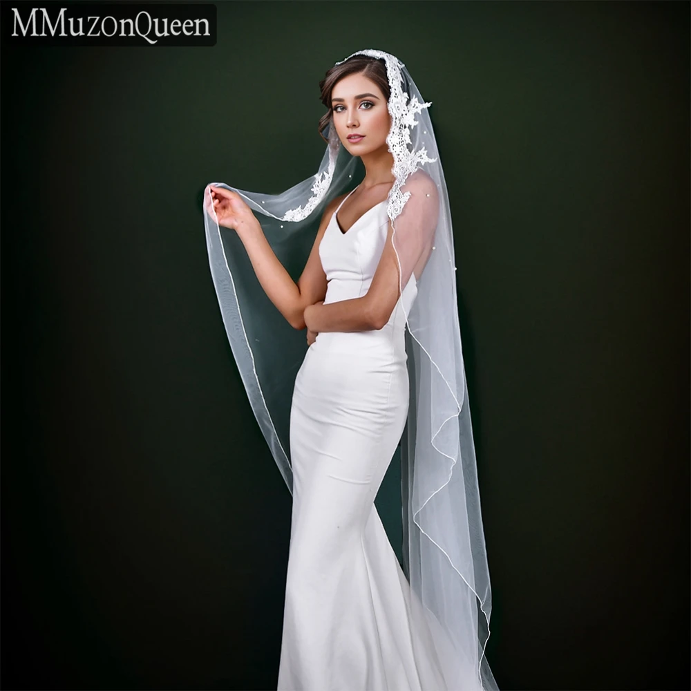 Beaded Lace MMQ M17 Bridal Veil White/ ddmysmile Solf Tulle One Layer Pearls Wedding Bride Veil With Comb Woman Accessories Smile White/