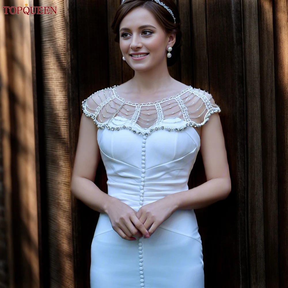 Bridal Wedding TOPQUEEN Wraps Jacket Sexy Pearls Crystal Cutout Design Body Chain For Women Bridal Cape Cloak Jacket SG21 smile