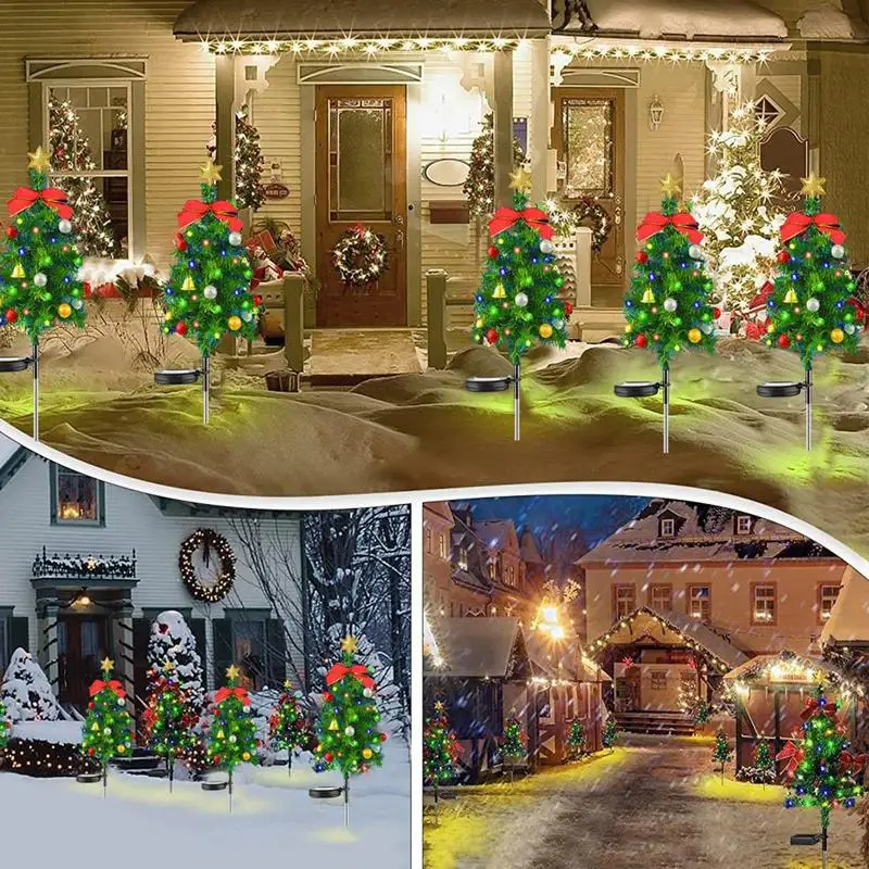 Waterproof Xmas Tree Christmas Solar Tree Waterproof Multicolor 20 Leds 8 Modes Light Creative Mini Solar Powered Ornament Plant smile