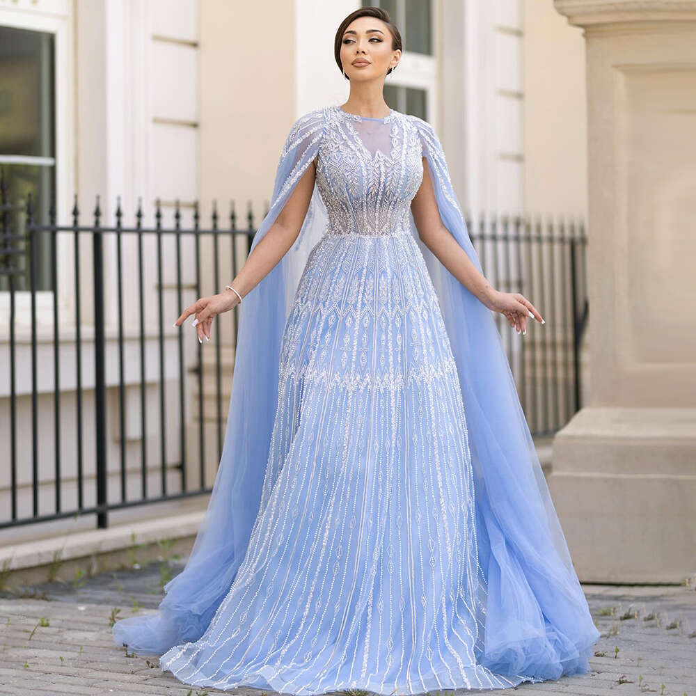 A Customized Muslim E Blue Beaded Evening Gowns With Cape Sleeves For Women S Party LA vening L