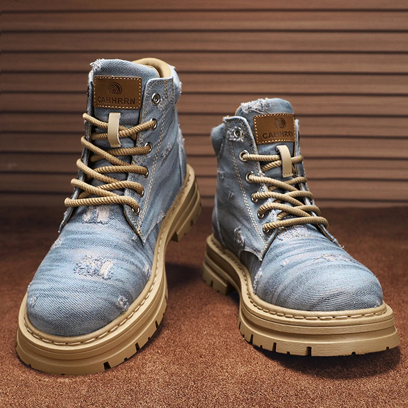Boots Denim Top High Retro British Style Work Boots Men Motorcycle Boots Winter Leather Shoes Military Boots smile