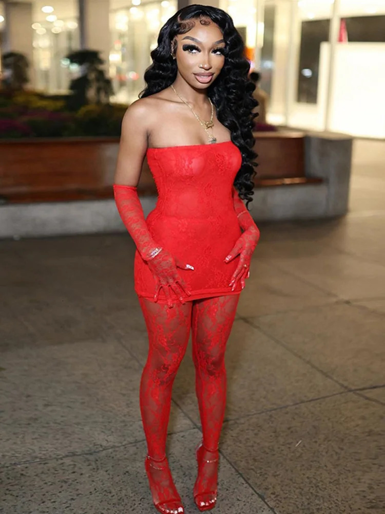 Weird Puss Sexy Lace Women 2Piece Set Tube DressSee Through Stockings Coquette Girls Club Nightout Party Matching Outfits 240401