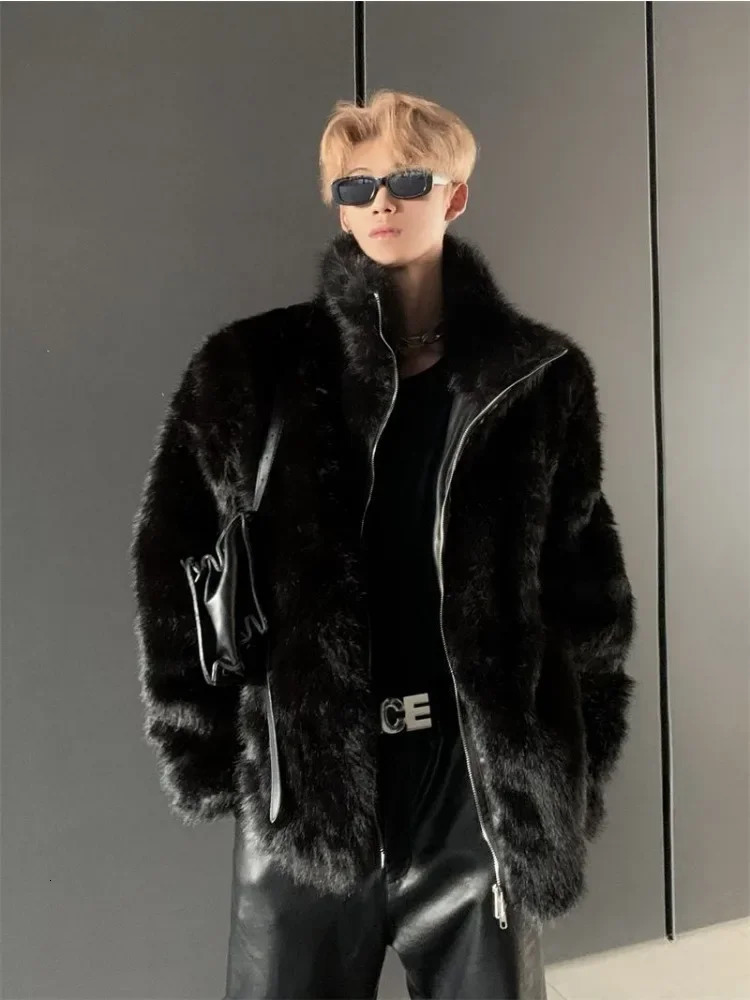 Korean fashion s fox fur coat for autumn and winter warm and thick black s fur coat trend street clothing mens clothing 241108