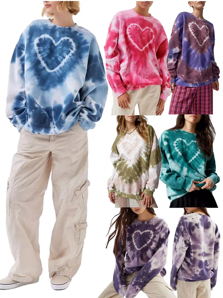 Heart Tie Dye Print Sweatshirts for Women Spring Autumn Loose Long Sleeve Crewneck Pullovers Tops Y2K Grunge Hoodie Streetwear