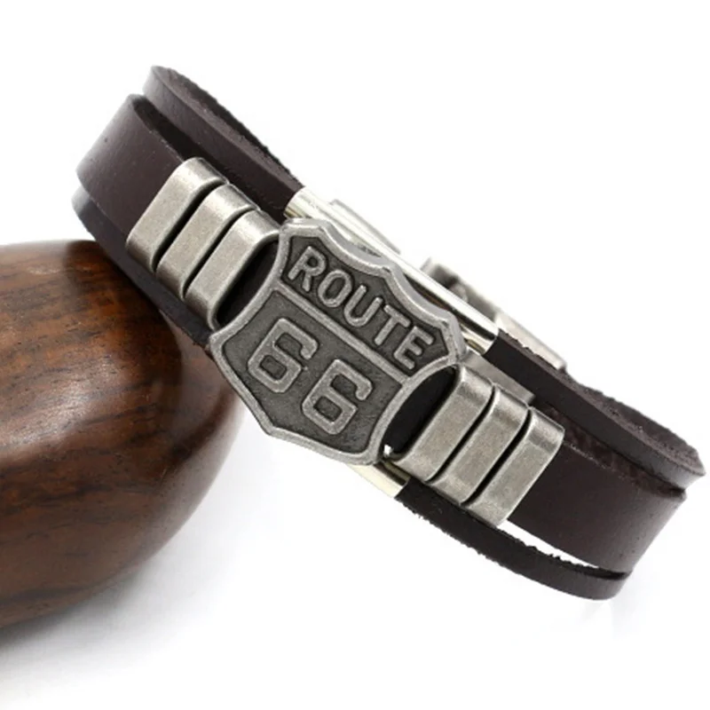 Trendy American Route 66 Printed Pattern Bracelet Men's Bracelet Metal Multilayer Leather Bracelet Accessories New Party Jewelry
