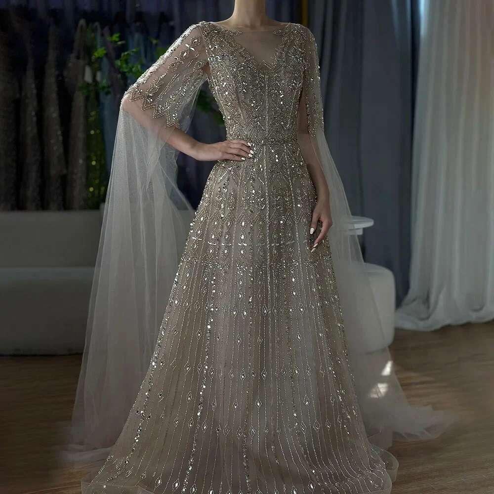 A Customized Muslim E Blue Beaded Evening Gowns With Cape Sleeves For Women S Party LA vening L