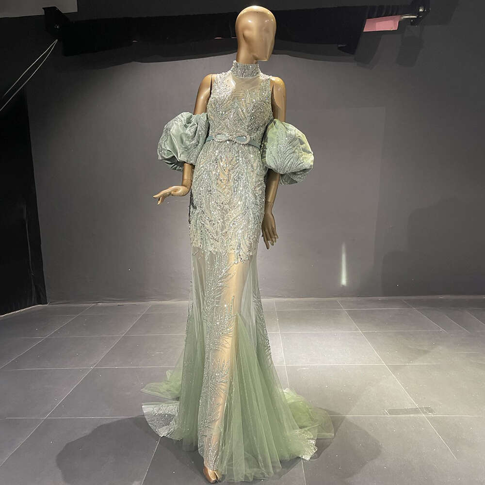 Puff Customized Green Sleeve Evening Dresses Gowns Beaded Mermaid Elegant For Women Party Couture LA