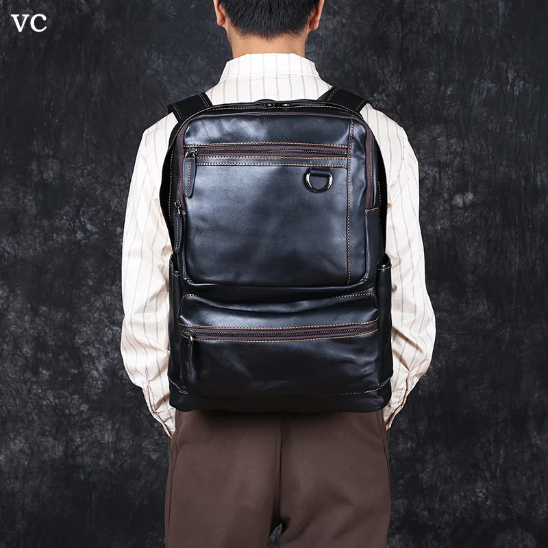 Double Men's Shoulder Leather Baothead Layer Cowhide Backpack Large Capacity Travel Bag Leisure School Bag Simple Computer Bag smile