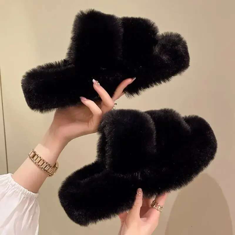 Winter Fluffy 2025 New House Home Fur Slippers For Women Flat Platform Cozy Fuzzy Indoor Shoes Korean Slides