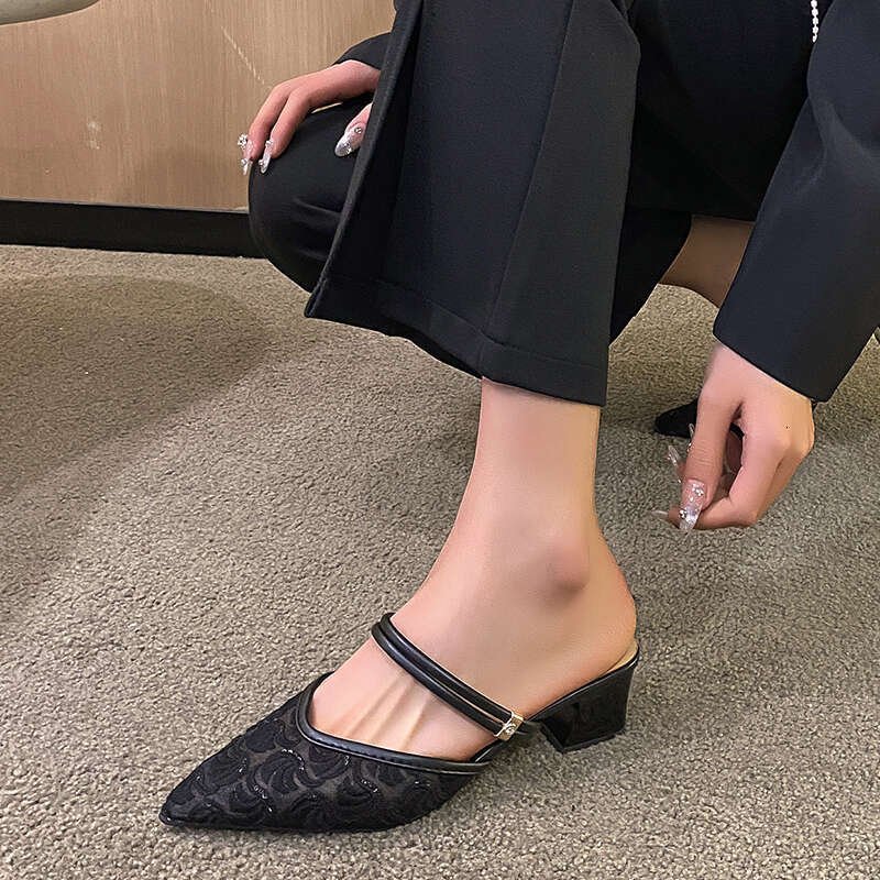 Pointed Toe Women's High Heels Mules Slippers Hollow New 2025 Summer Print Designer Sexy Thick Sole Women's Sandals Zapatos