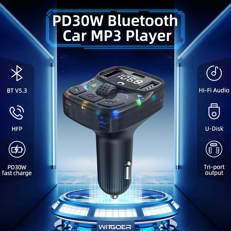 Bluetooth 5.3 Car FM Transmitter PD 30W Dual USB 3.1A Type-C Car Charger Handsfree new Car Kit Mp3 2025 Player Autoradio