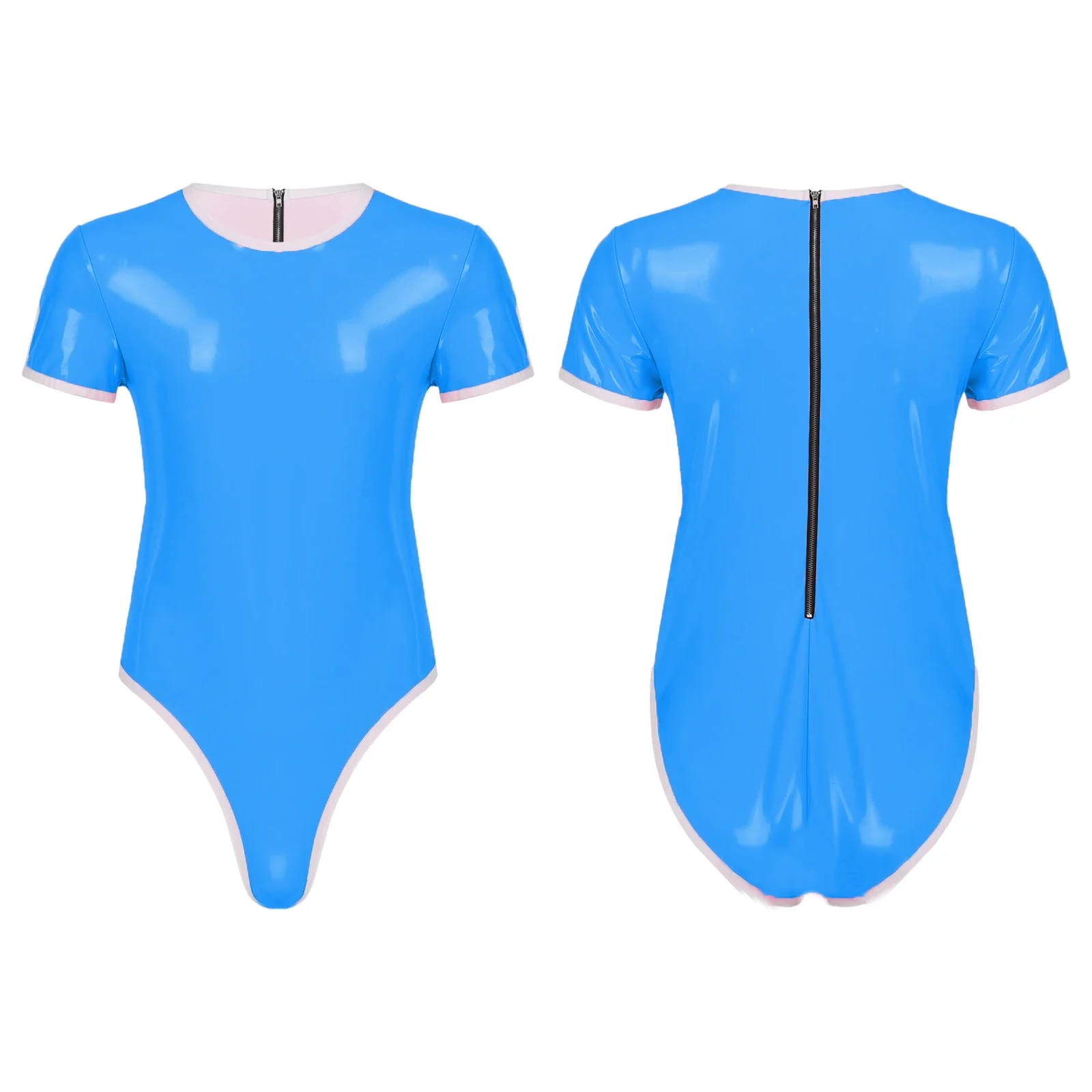 Bodysuit Lingerie Bondage Sexy Short Sleeve Round Neck Faux Leather Catsuit Back Zip Jumpsuit Sex Sheath Tight Clubwear S-7XL smile