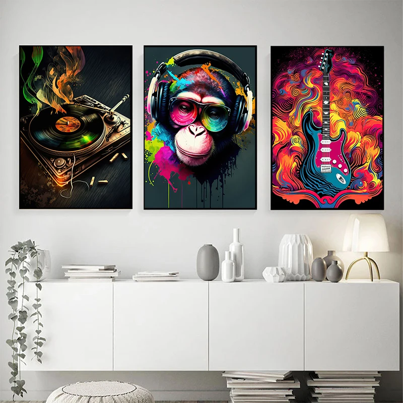 Pop Rock Music Design Poster Sheet Music Hip Hop Monkey Electric Guitar Canvas Painting Modern Wall Art Picture Home Decor