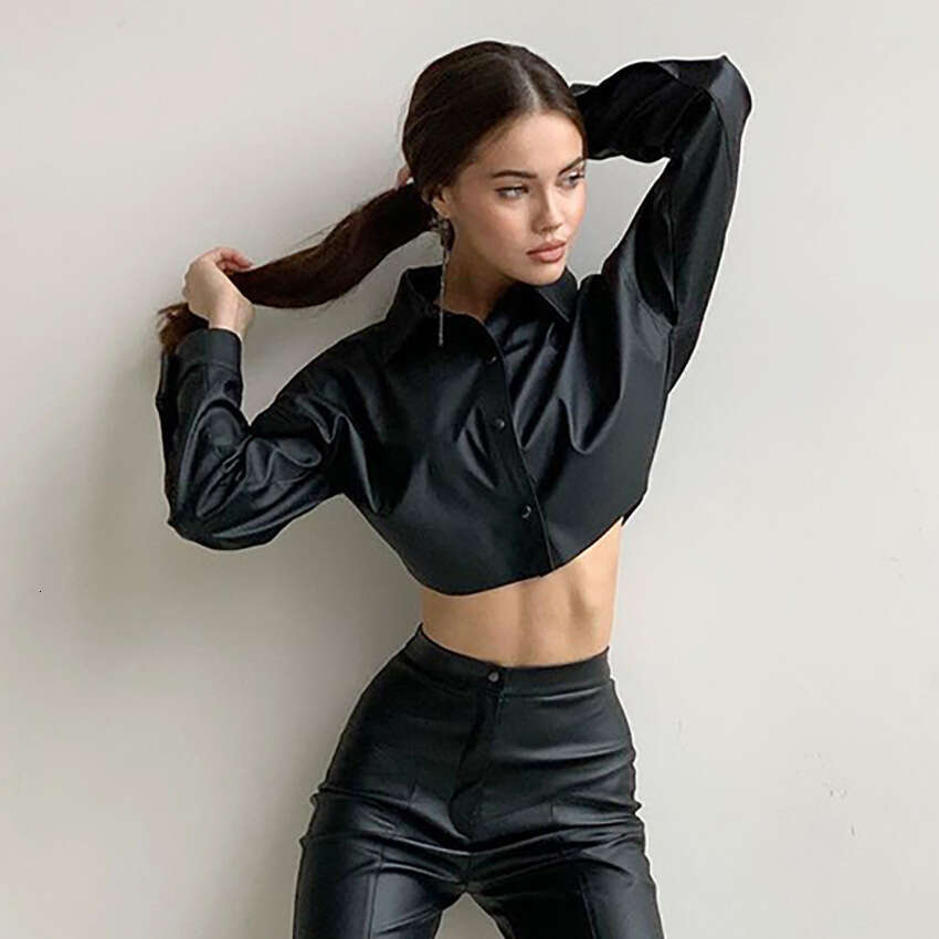 shanshi leather jacket women Autumn/Winter New PU Leather Clothes Women's Street Spicy Girls' Naked Top Long Sleeve Short Shirt Motorcycle S