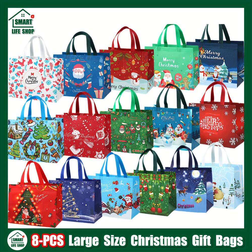 Christmas Gift Tote With Handles, Reusable Reinforced Handle Grocery Treat Bags, Multifunctional Non-Woven Christmas Bags For Gifts Wrapping Shopping,