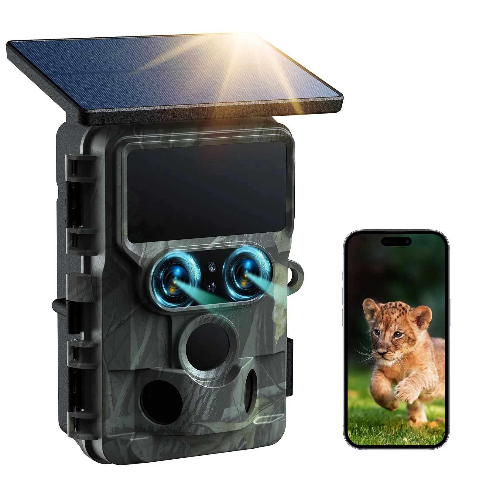 SunGusOutdoors 4K 48MP Solar Powered WiFi Dual Lens Wildlife Trail Camera Traps with 13MP SONY Native Sensor App Settings
