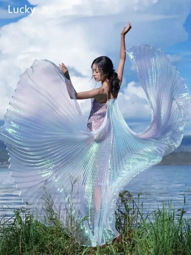 Fairy Belly Wings Dancing Performance Costume Props Women Fiesta Stage Clothing Party Dance Wear Angel Butterfly Rainbow Wings smile