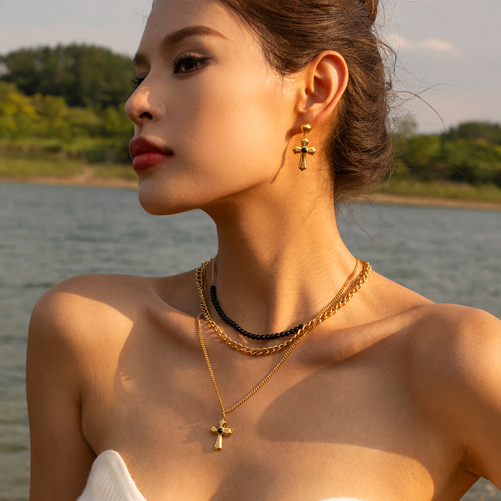 Minimalist Fashion Designer Tiger Eye Stone Black Agate Cross Earrings and Earrings for Women Titanium Steel Polished 18K True Gold Jewelry