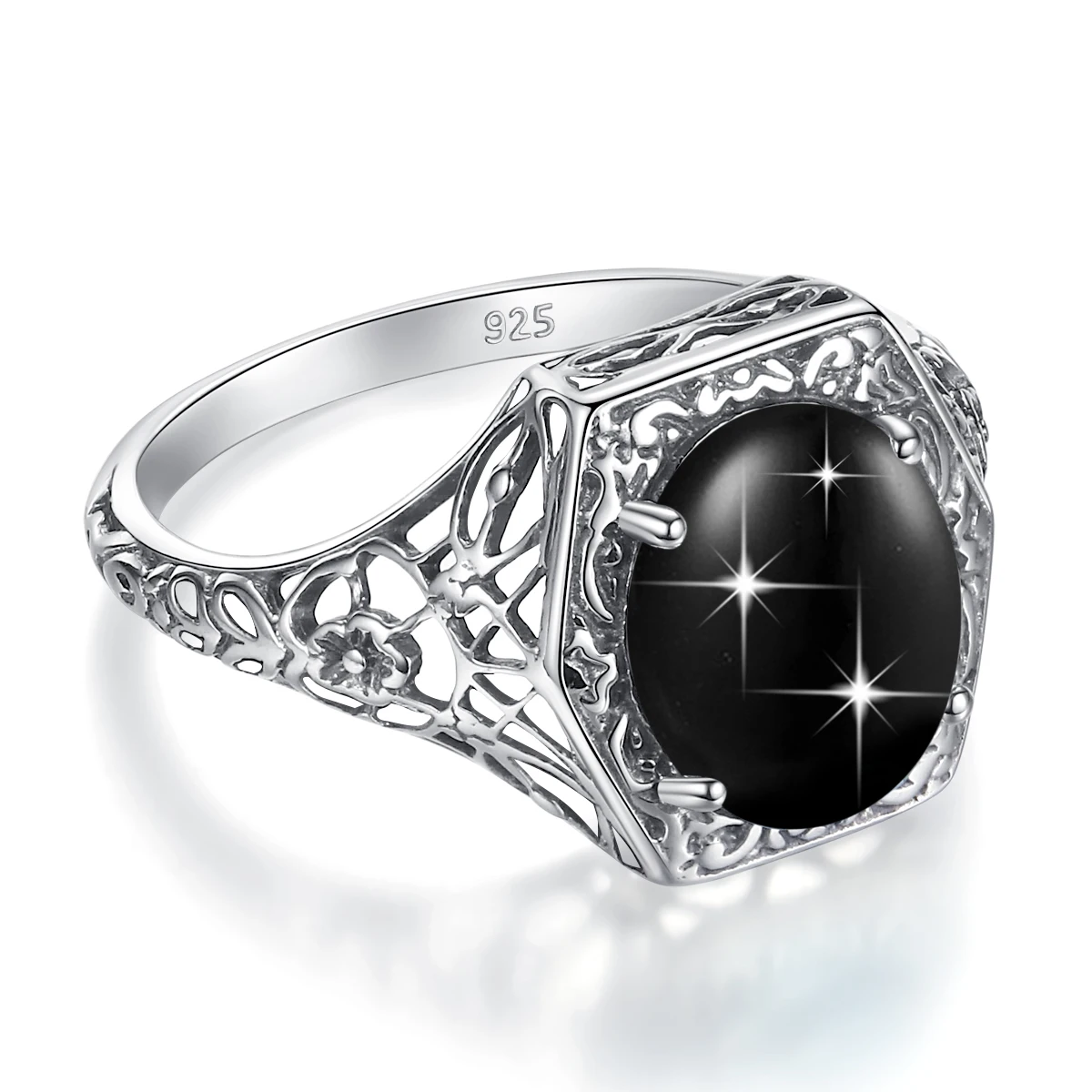 Szjinao Vintage Oval 8*12mm Black Onyx Ring For Women Silver 925 With Stone Large Cocktail Rings Delicate Gift For Wife Lovers'