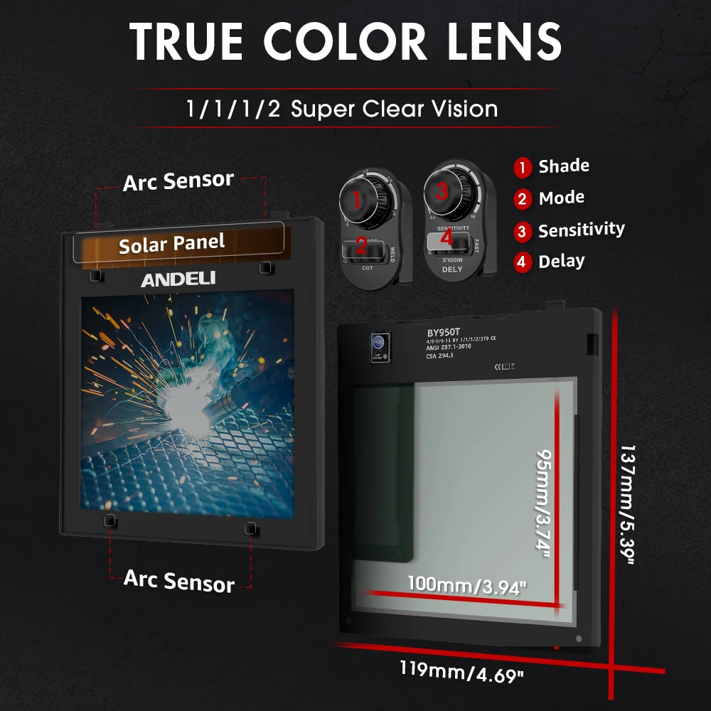 ANDELI Auto Darkening Welding Helmet Large Screen 180° View True Color Solar Welder Mask 4 ARC Sensors 1/1/1/2 Optical Weld Hood
