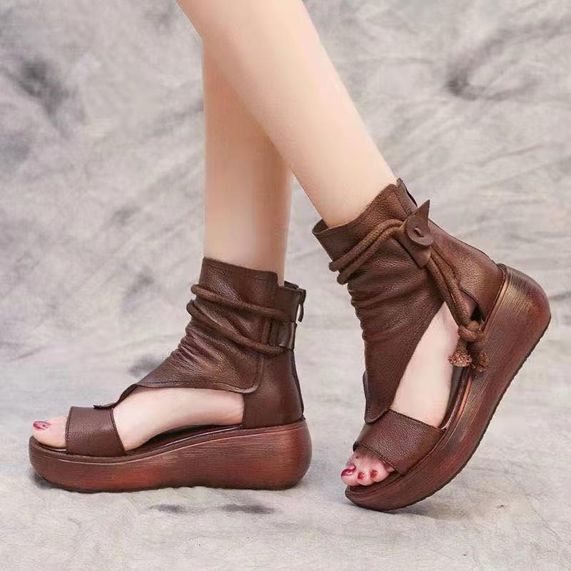 Shoes for Women Ladies Vintage Pu Leather Boots Fashion Women Sandals Summer Mid Heels Wedges Shoes Sandalias Mujer Sneakers
