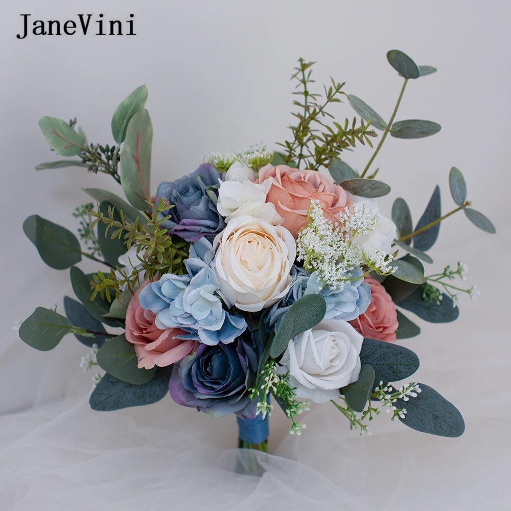 Wedding Janevini 2023 Romantic Bouquet Accessories For Bride Pink Blue Artificial Hand Holding Flowers ddmysmile Bouquets Ramo Para Novia Smile