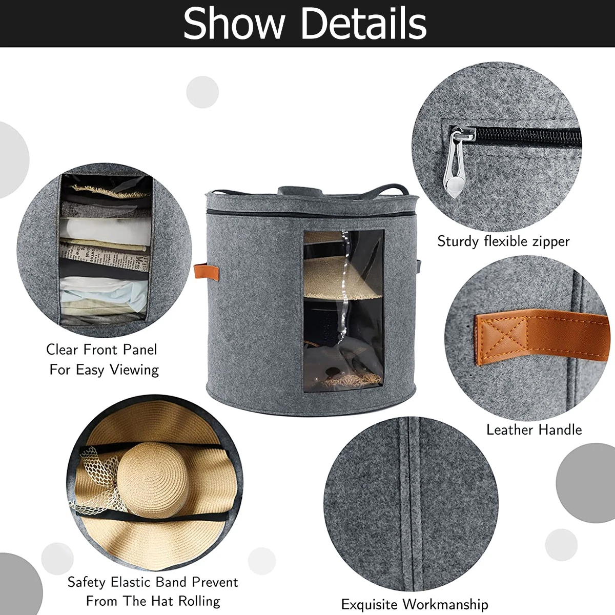 Storage Box Hat With Zippered Adjustable Shoulder Strap Felt Round Organizer Travel Case Storage Bins Home Accessories Man Women smile