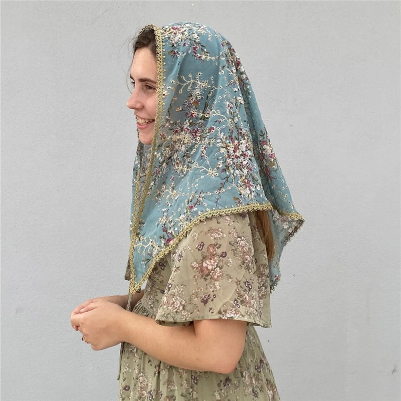 Velos de Mantilla de gasa Vintage en forma de D triangulares para iglesia, cubierta de cabeza de masa de catedral, dorado, colorido, Floral, azul