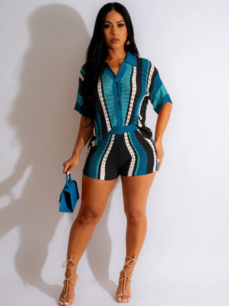 JRRY Sexy Women Knitted Set Two Pieces Sets Turn Down Collar Short Sleeves Top Pants Cover Ups Hollow Out Beach 240401
