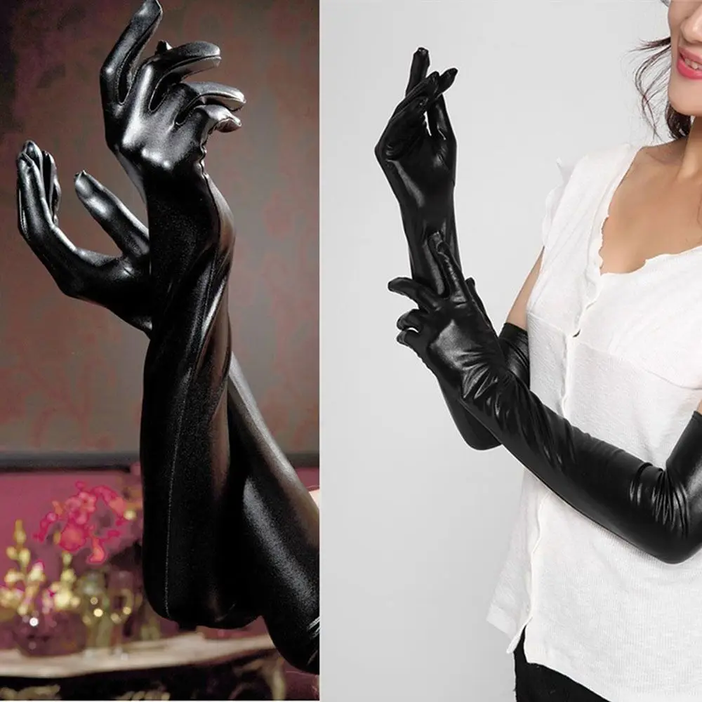 Adult Long Latex Sexy Gloves Black Ladies Hip-pop Fetish Faux Leather Gloves Clubwear Sexy Catsuit Cosplay Costumes Accessory smile