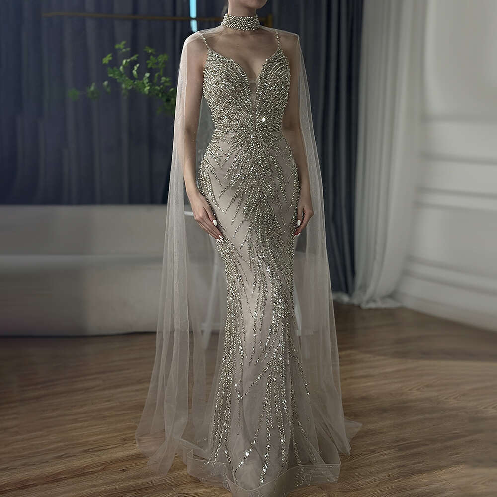 Beaded Shiny Long Mermaid Evening Dress with Spaghetti Straps - Caramel