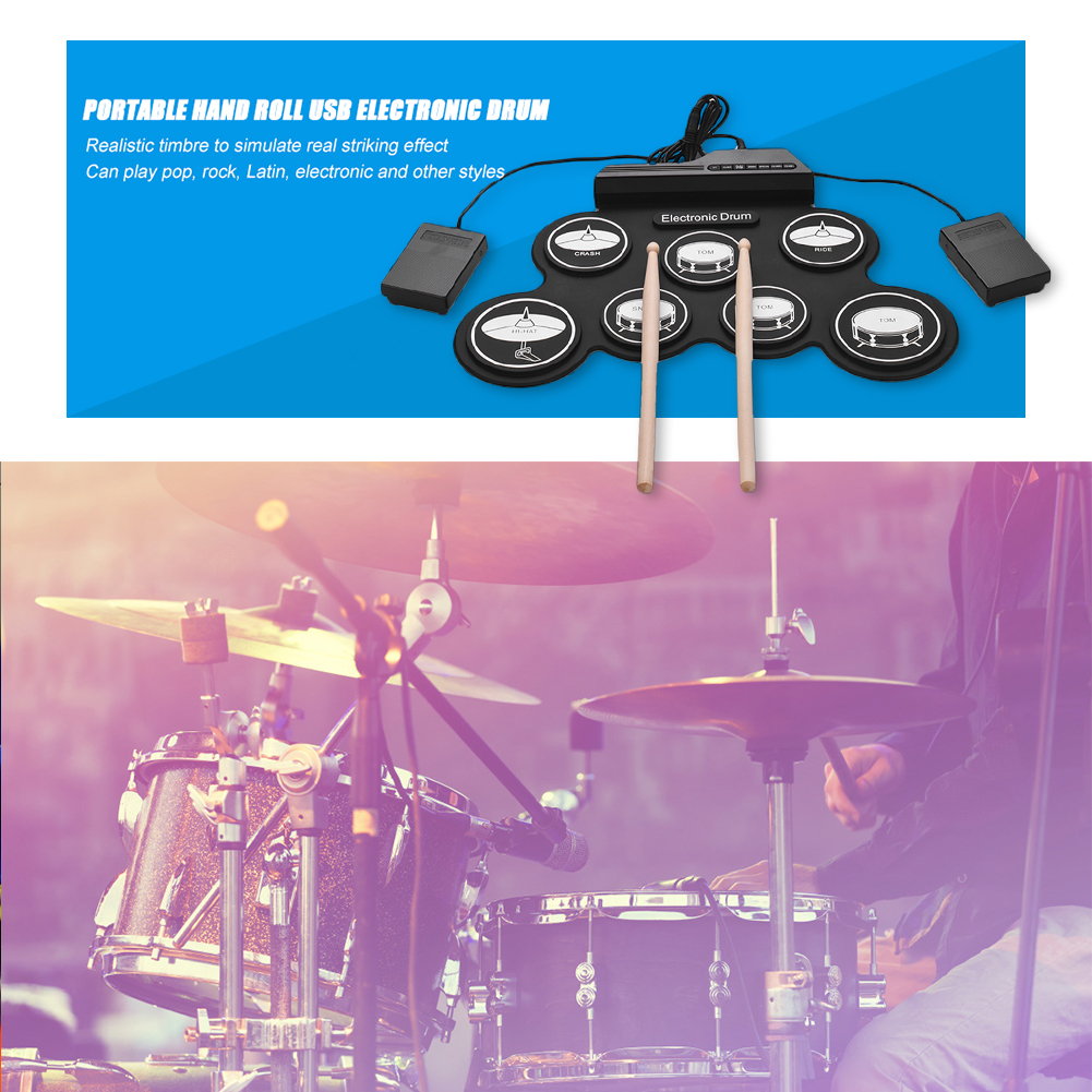 Electronic Drum Set with Drum Pedals and Sticks Roll-Up Drum Practice Pad Electric Drum Pad Holiday Birthday Gift for Kids
