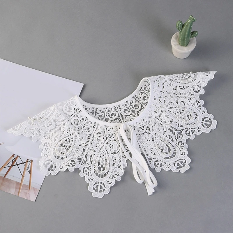 Out Women Crochet Hollow Lace Shawl Fake Collar Shiny ddmysmile Pearl Beaded Necklace Cape T8nb Smile