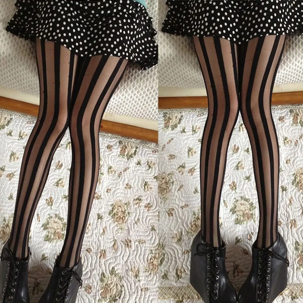 Sheer Women Girl Punk Gothic Vertical Stripe Tights Pantyhose Black Stockings