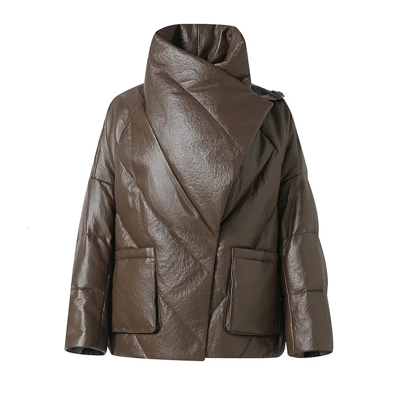 Womens leather down jacket winter leather down jacket outdoor thick warm short sleeved inflatable jacket streetwear 241108