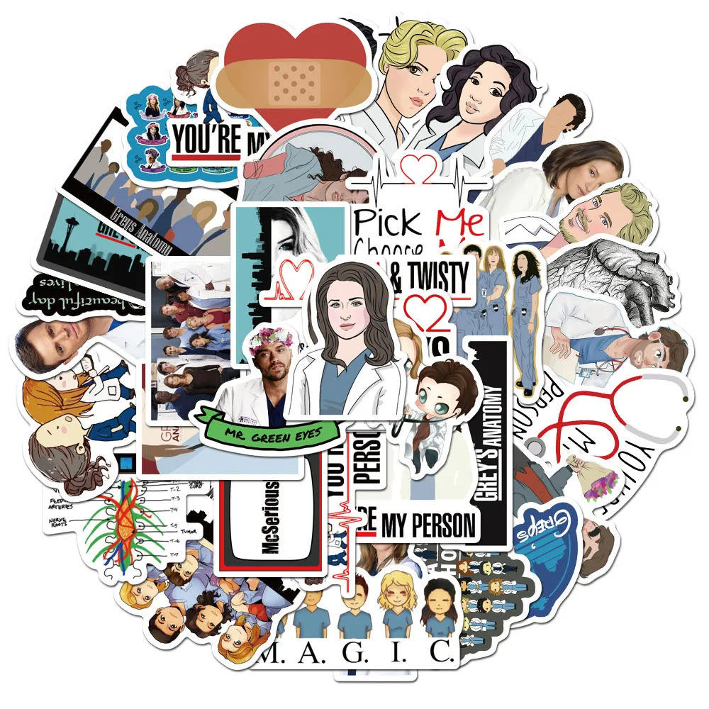 10/50PCS TV Show Greys Anatomy Funny PVC Scrapbooking For Luggage Laptop Phone Decals DIY Album Cute Doctors Stickers