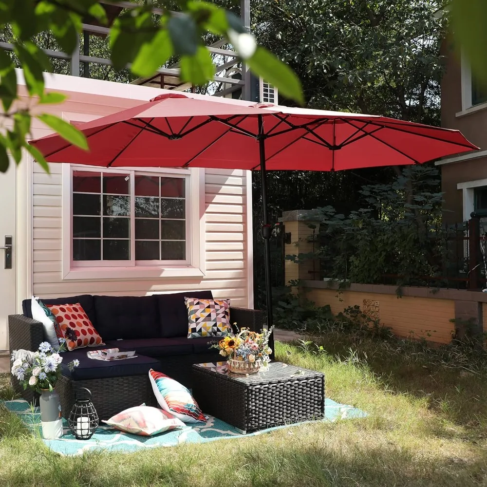 15ft Large Patio Umbrellas with Base Included Outdoor Double-Sided Rectangle Market Umbrella with Crank Handle for Poolside