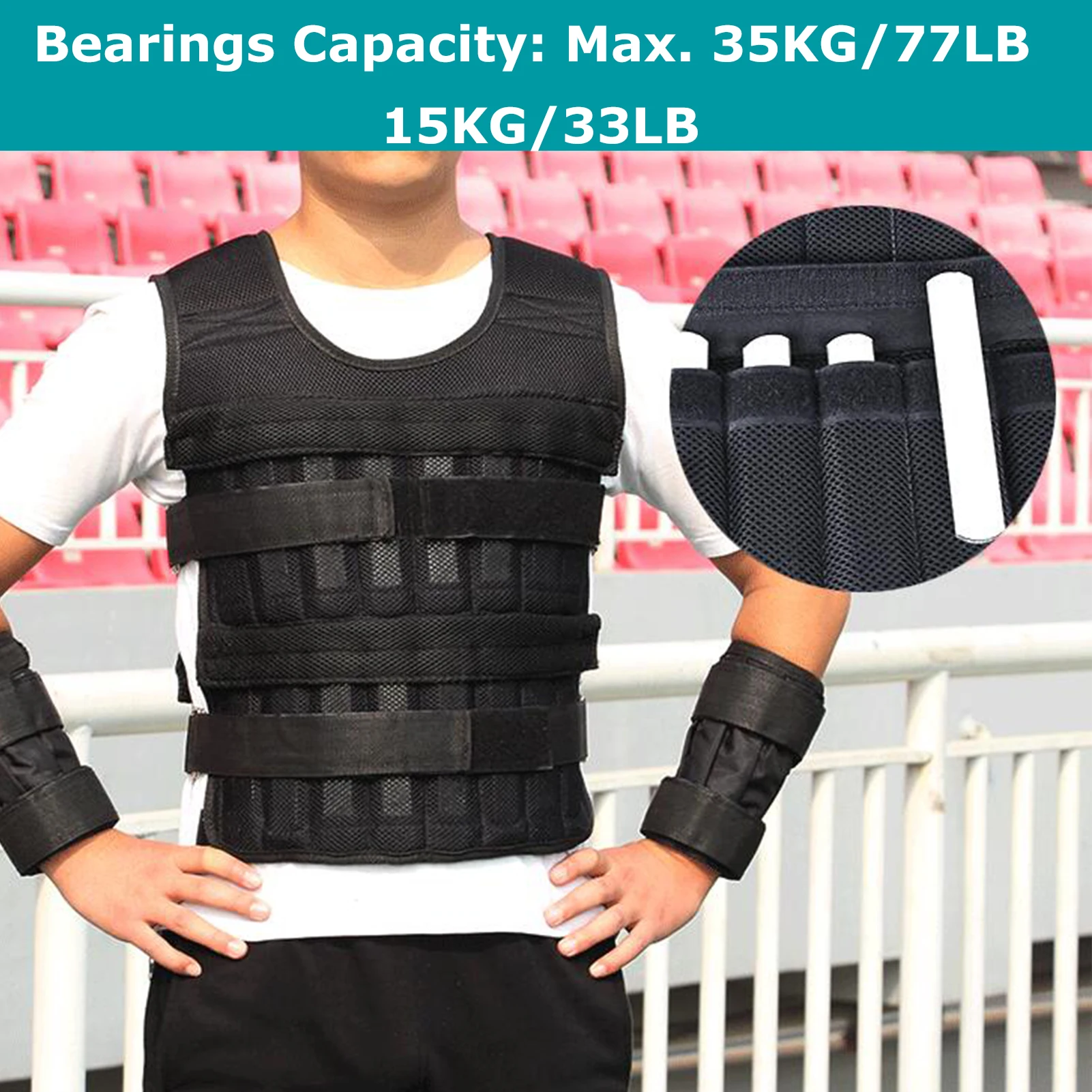 Weight Vest Adjustable 15kg/35kg Exercise Loading Weight Vest Strength Training Jacket with 6kg Leg Weight 5kg Arm Weight smile