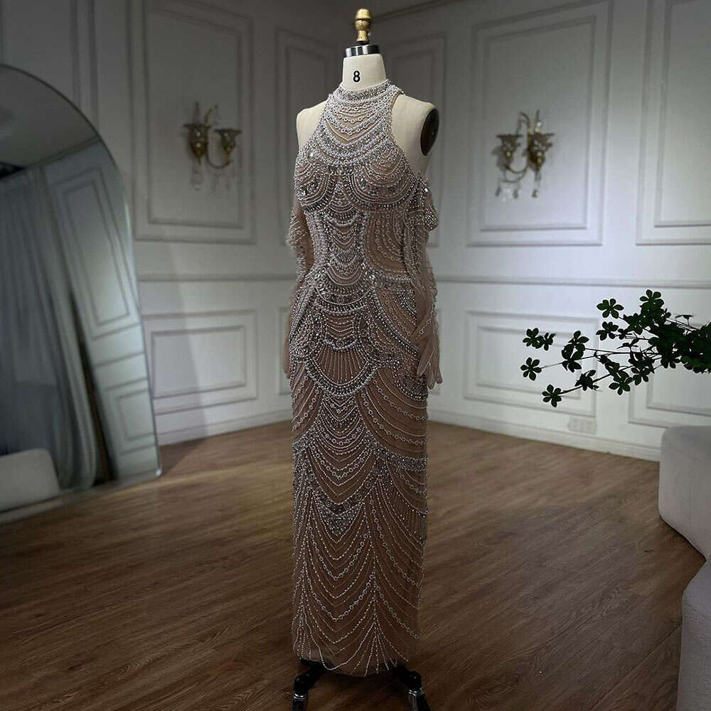 Hill Arabia Serene Nude Mermaid Elegant Evening Dress Gowns With Pearls Beaded For Formal Ocn LA A Customized Mal