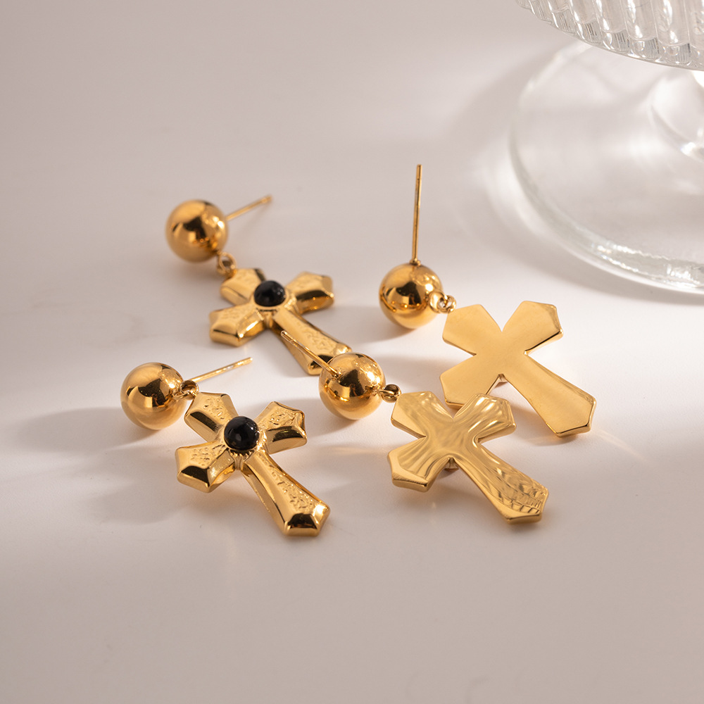 Minimalist Fashion Designer Tiger Eye Stone Black Agate Cross Earrings and Earrings for Women Titanium Steel Polished 18K True Gold Jewelry
