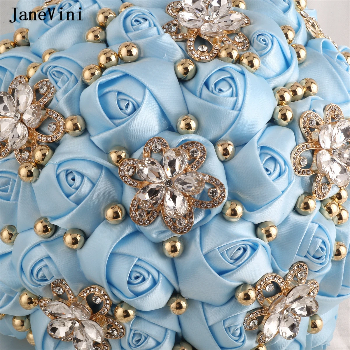 2023 Elegant Light Janevini Blue Flowers Bridal Bouquets God Crystal Beaded Artificial Satin Roses ddmysmile Brides Wedding Bouquet Smile