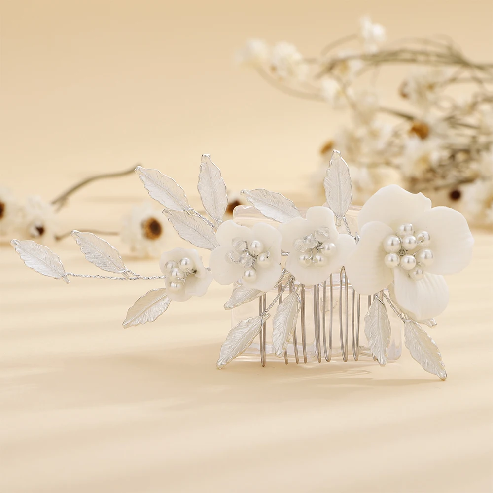 Flower Rhinestone Bridal Gold Hair Comb Pearl Leaves Women Wedding Head Jewelry Accessories Sier ddmysmile Handmade Headpiece For Bride Smile