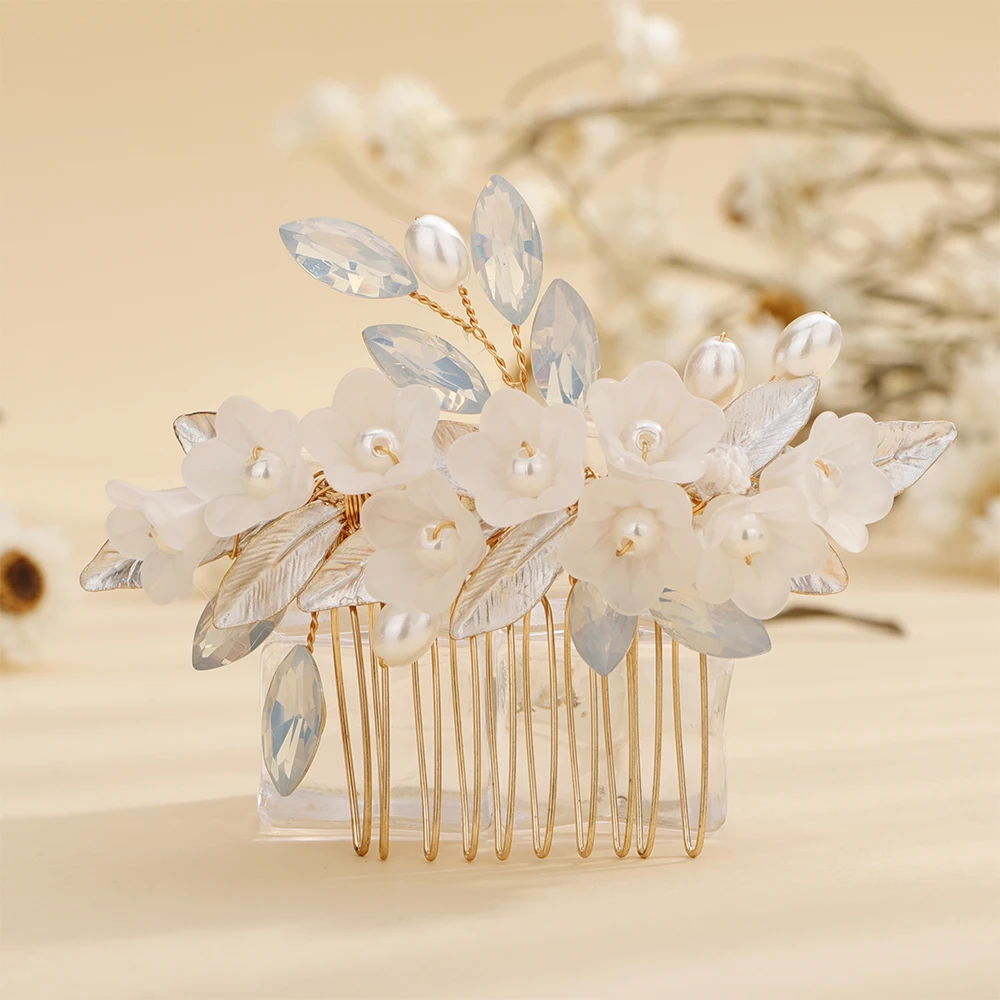 Flower Rhinestone Bridal Gold Hair Comb Pearl Leaves Women Wedding Head Jewelry Accessories Sier ddmysmile Handmade Headpiece For Bride Smile