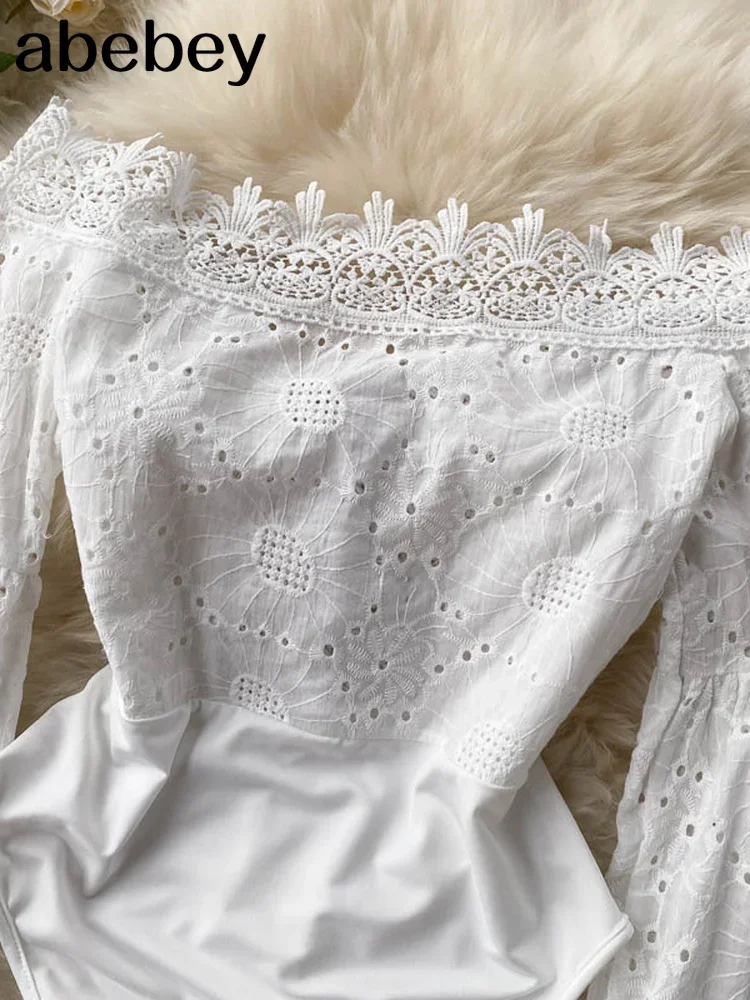 Hollow Women Rompers Design Puff Sleeve Slash Neck Sexy Slim Jumpsuits Autumn Korean Off Shoulder Short Bodysuit New smile