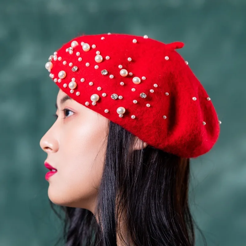 ddmysmile Pearl New Beret Women Hat Solid Color Vintage Cashmere Female Flat Hats Retro French Artist Berets Caps Autumn Winter Wool Cap Smile