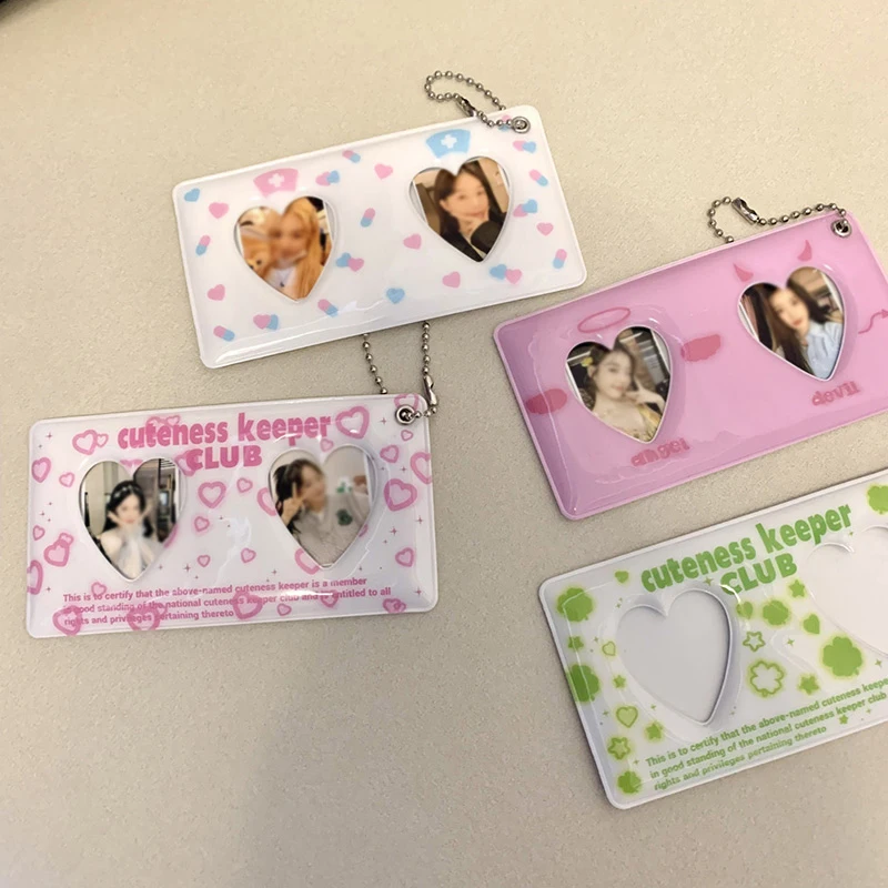 Heart Pink 1-inch Sweet Card Holder Lucky Clover Love Bean Photo Key Chain Pendant Portable ID Card Sleeve smile
